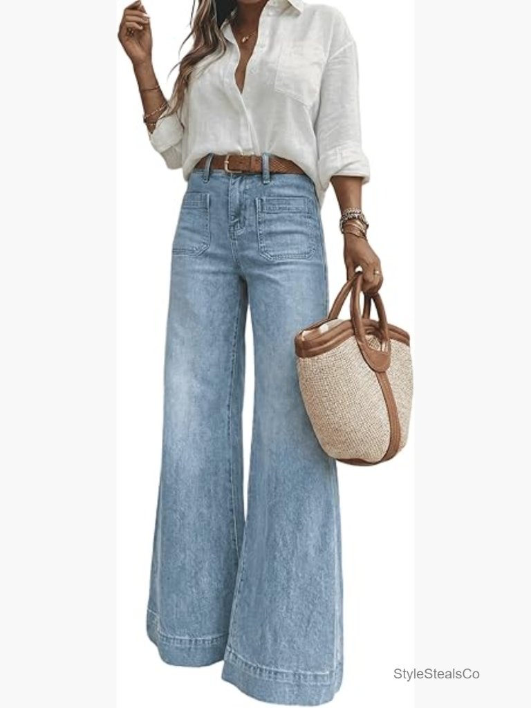 High Waisted Wide Leg Stretch Jeans With Patch Pockets Vintage Style